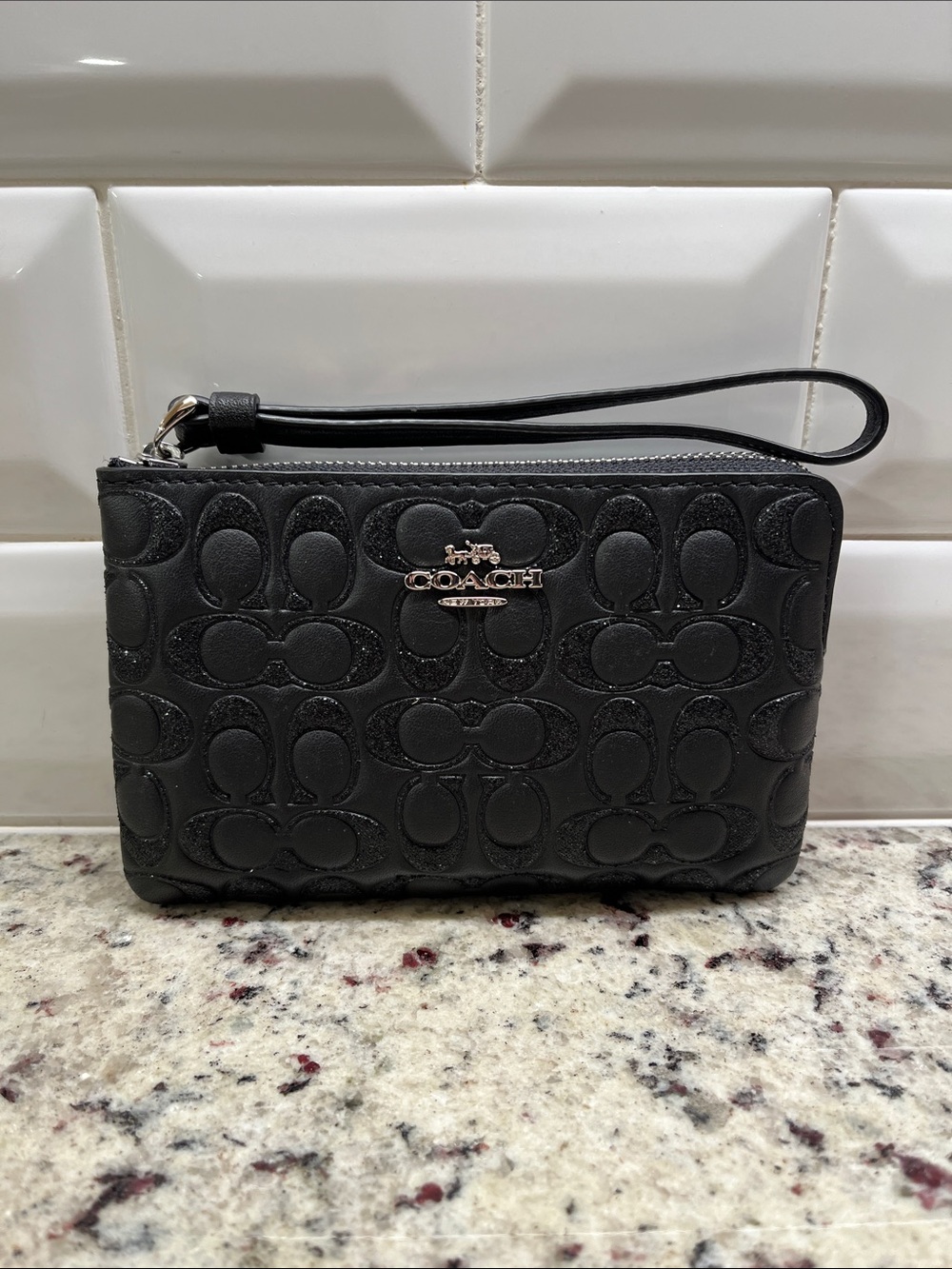Coach Signature Black Glitter Corner Zip Wristlet in Box NWT
